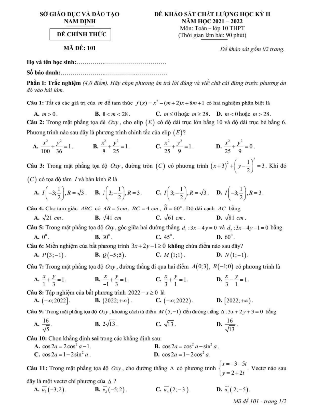 đề khảo sát chất lượng học kỳ 2 toán 10 năm 2021 – 2022 sở gd&đt nam định