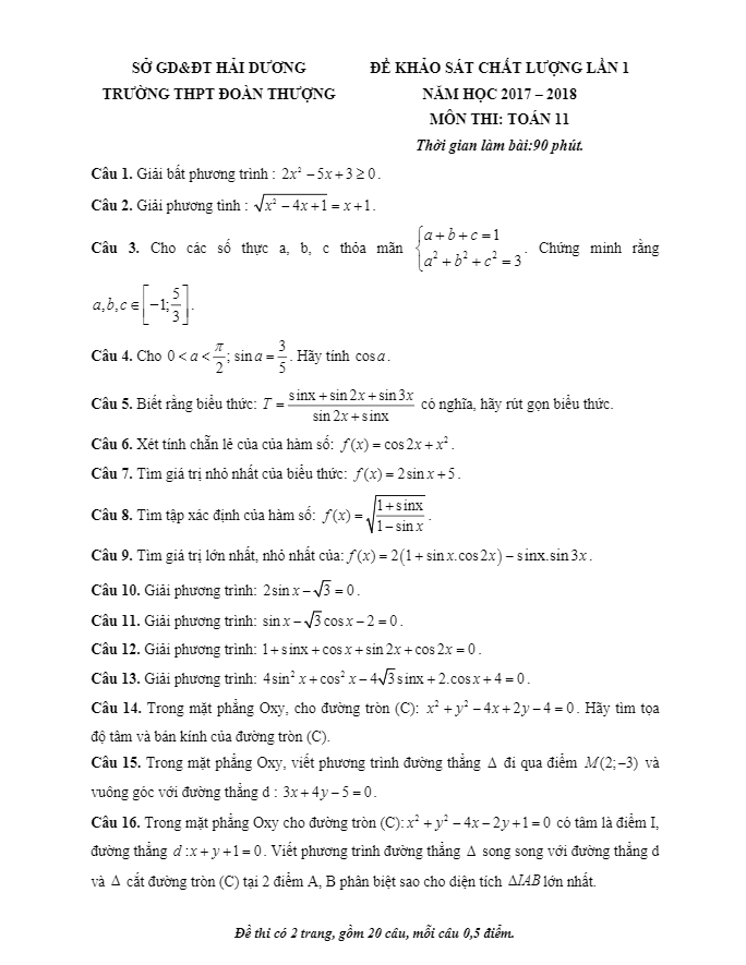 đề khảo sát chất lượng lần 1 năm học 2017 – 2018 môn toán 11 trường thpt đoàn thượng – hải dương