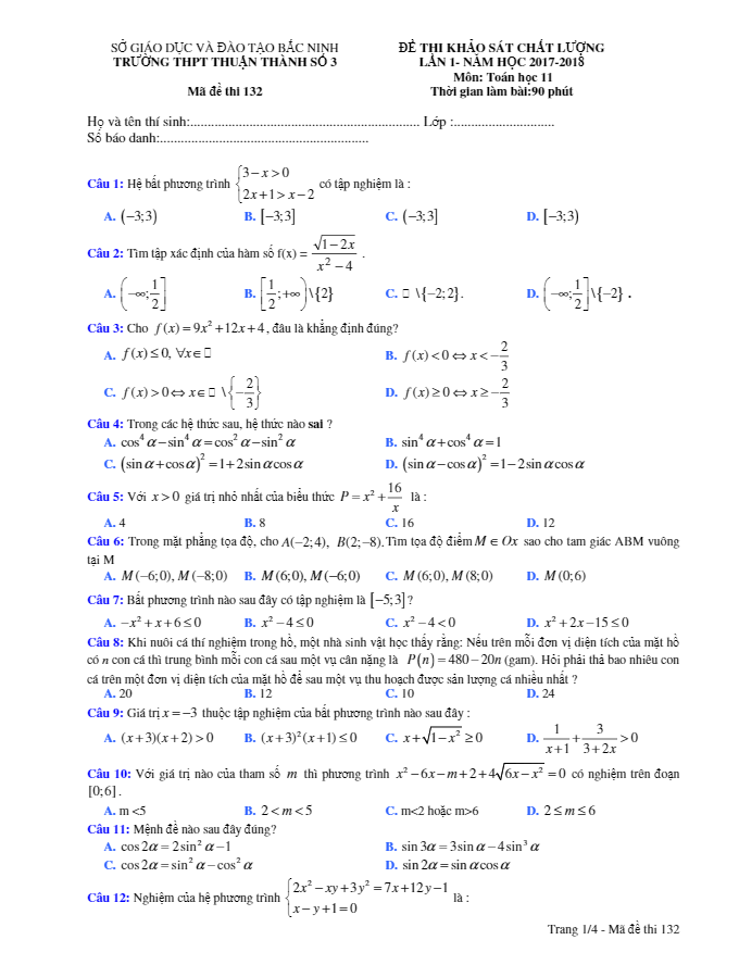 đề khảo sát chất lượng lần 1 năm học 2017 – 2018 môn toán 11 trường thpt thuận thành 3 – bắc ninh