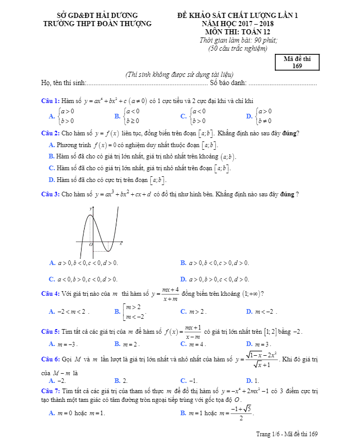 đề khảo sát chất lượng lần 1 năm học 2017 – 2018 môn toán 12 trường thpt đoàn thượng – hải dương