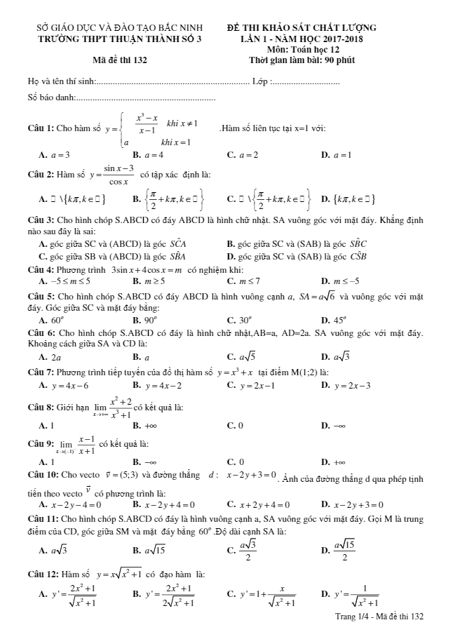 đề khảo sát chất lượng lần 1 năm học 2017 – 2018 môn toán 12 trường thpt thuận thành 3 – bắc ninh