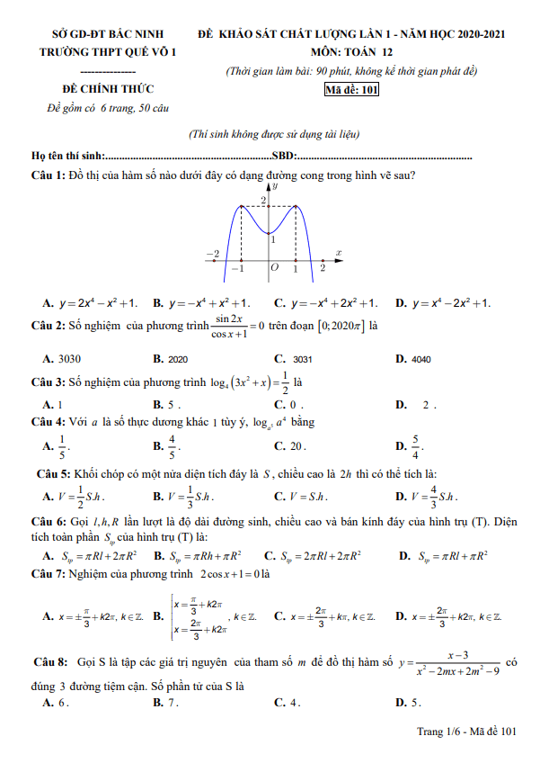 đề khảo sát chất lượng lần 1 toán 12 năm 2020 – 2021 trường quế võ 1 – bắc ninh
