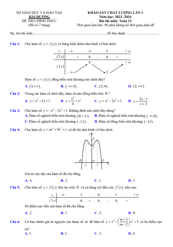 đề khảo sát chất lượng lần 1 toán 12 năm 2023 – 2024 sở gd&đt hải dương