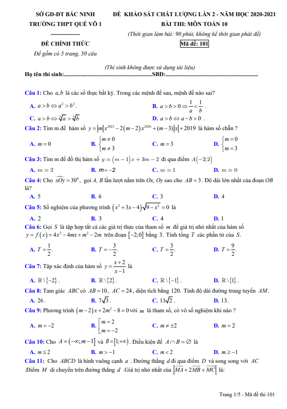 đề khảo sát chất lượng lần 2 toán 10 năm 2020 – 2021 trường quế võ 1 – bắc ninh