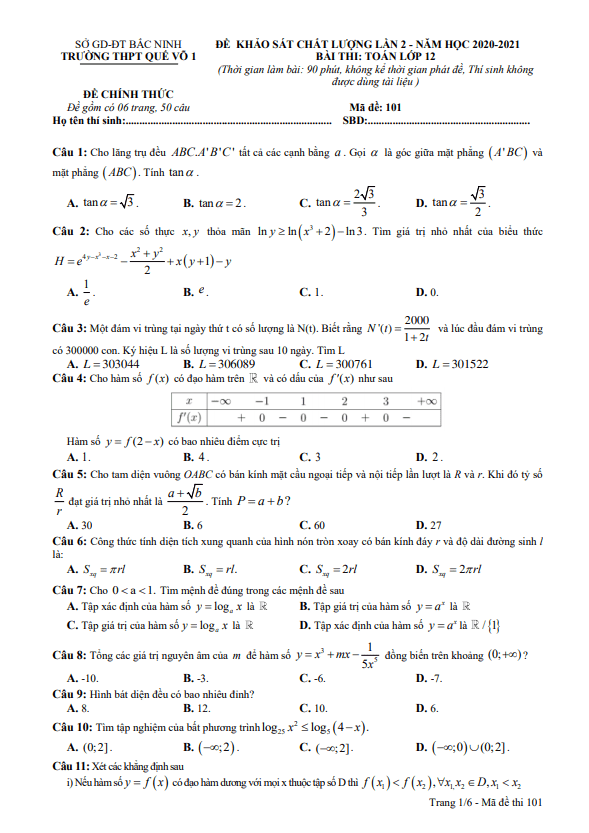 đề khảo sát chất lượng lần 2 toán 12 năm 2020 – 2021 trường quế võ 1 – bắc ninh