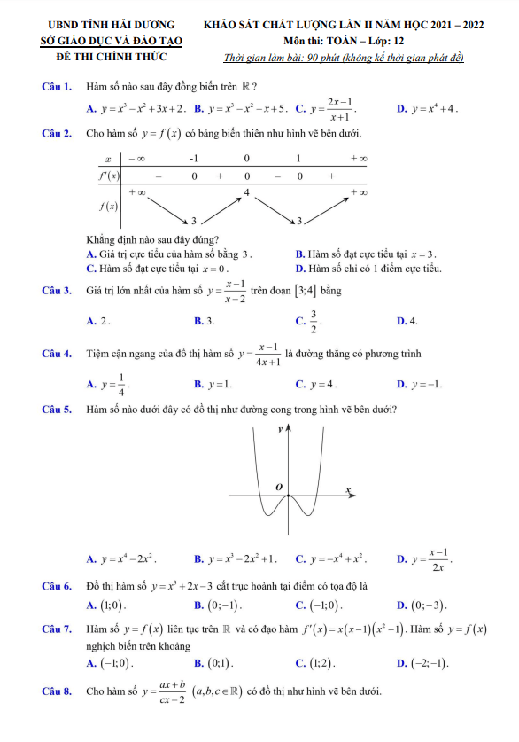 đề khảo sát chất lượng lần 2 toán 12 năm 2021 – 2022 sở gd&đt hải dương