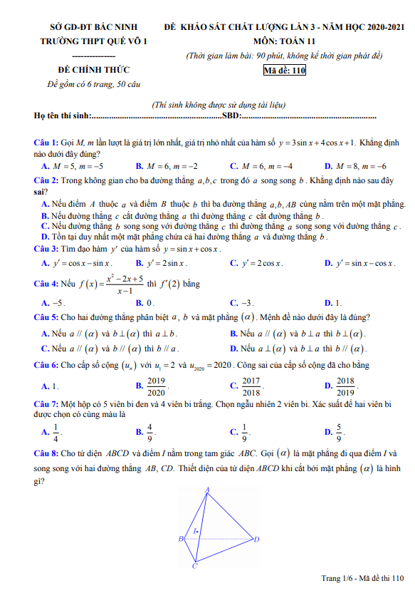 đề khảo sát chất lượng lần 3 toán 11 năm 2020 – 2021 trường quế võ 1 – bắc ninh