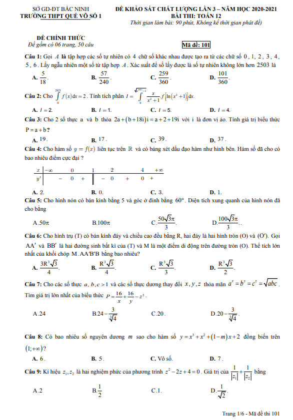 đề khảo sát chất lượng lần 3 toán 12 năm 2020 – 2021 trường quế võ 1 – bắc ninh