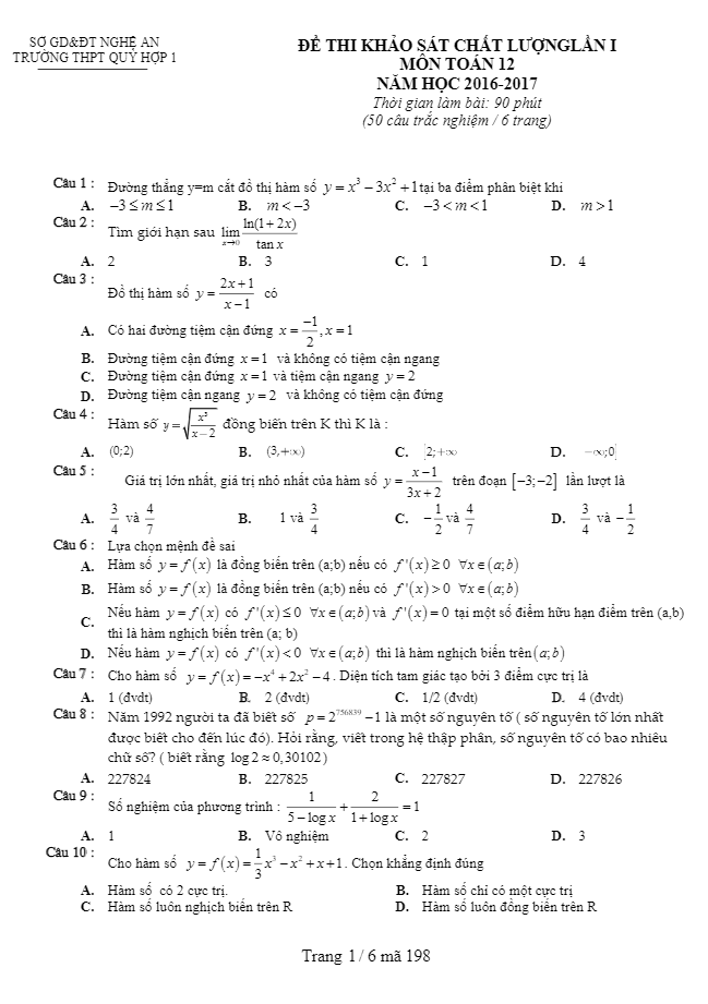 đề khảo sát chất lượng môn toán 12 trường thpt quỳ hợp 1 – nghệ an lần 1