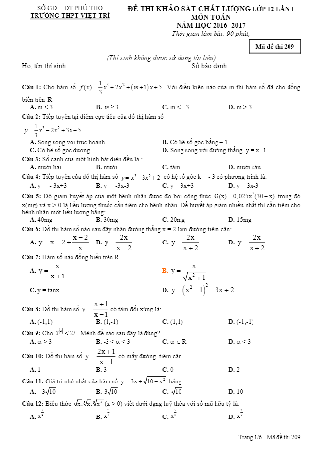 đề khảo sát chất lượng môn toán lớp 12 trường việt trì – phú thọ lần 1