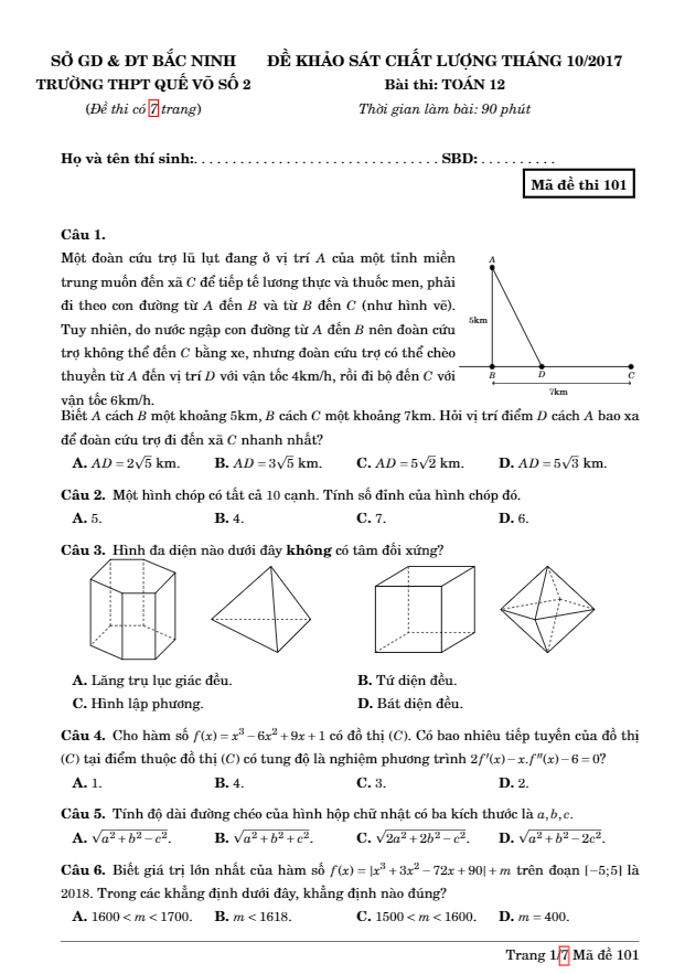 đề khảo sát chất lượng tháng 10 năm 2017 bài thi toán 12 trường thpt quế võ số 2 – bắc ninh
