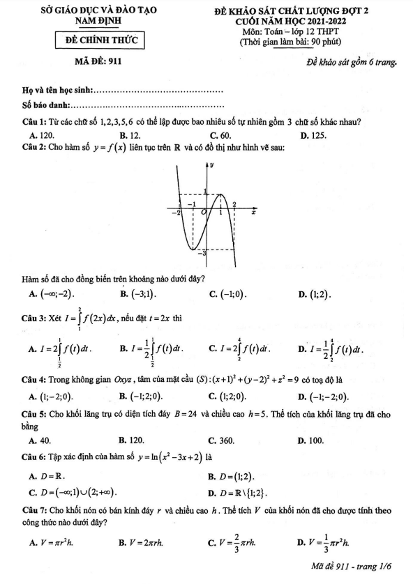đề khảo sát chất lượng toán 12 đợt 2 cuối năm 2021 – 2022 sở gd&đt nam định
