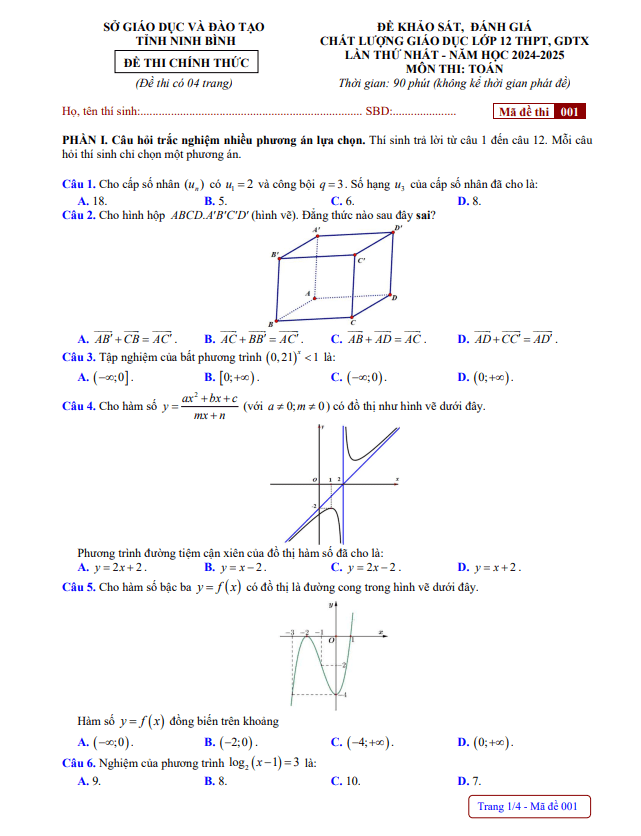 đề khảo sát chất lượng toán 12 lần 1 năm 2024 – 2025 sở gd&đt ninh bình