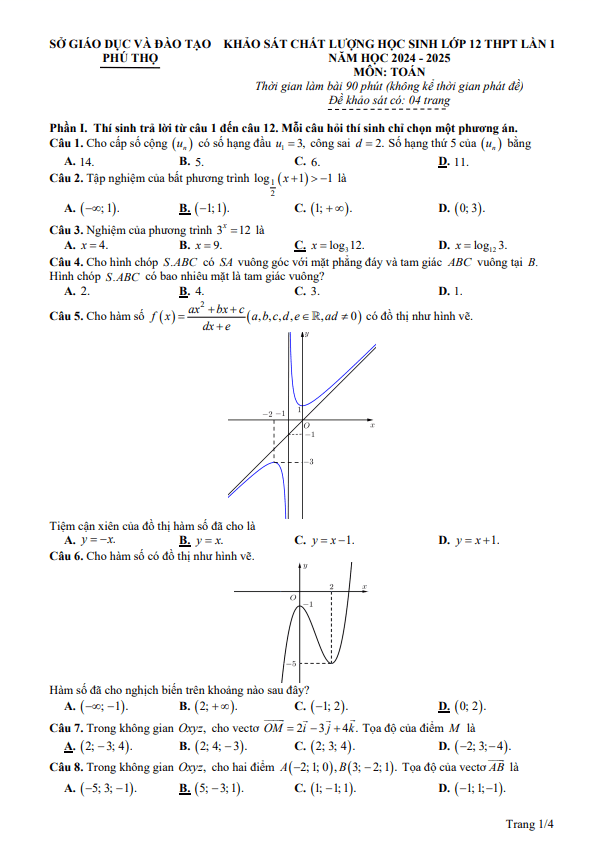 đề khảo sát chất lượng toán 12 lần 1 năm 2024 – 2025 sở gd&đt phú thọ