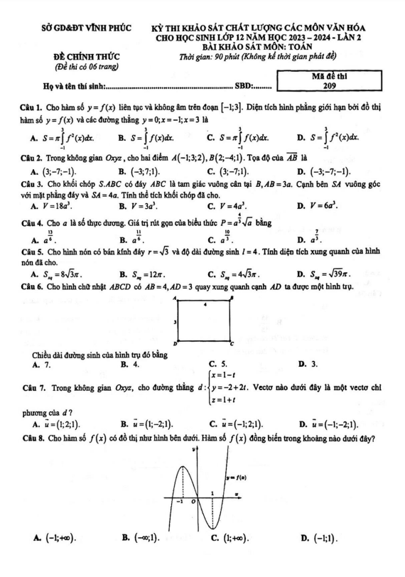 đề khảo sát chất lượng toán 12 lần 2 năm 2023 – 2024 sở gd&đt vĩnh phúc