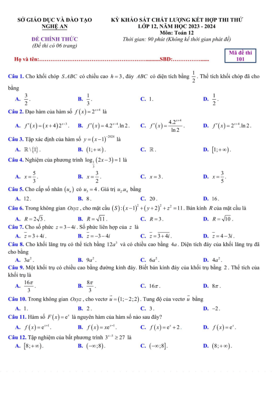 đề khảo sát chất lượng toán 12 năm 2023 – 2024 sở gd&đt nghệ an