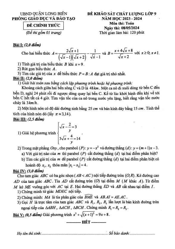 đề khảo sát chất lượng toán 9 năm 2023 – 2024 phòng gd&đt long biên – hà nội
