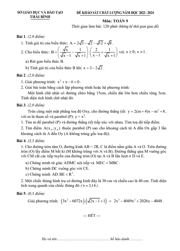 đề khảo sát chất lượng toán 9 năm 2023 – 2024 sở gd&đt thái bình