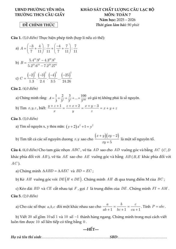 đề khảo sát clb toán 7 năm 2025 – 2026 trường thcs cầu giấy – hà nội