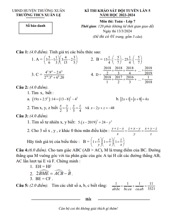 đề khảo sát đội tuyển toán 7 lần 5 năm 2023 – 2024 trường thcs xuân lẹ – thanh hóa
