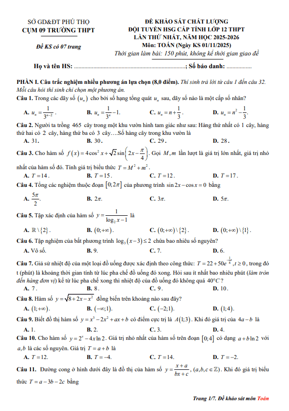 đề khảo sát hsg toán 12 lần 1 năm 2025 – 2026 cụm 09 trường thpt – phú thọ