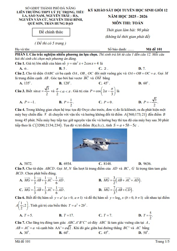 đề khảo sát hsg toán 12 năm 2025 – 2026 liên trường thpt – đà nẵng