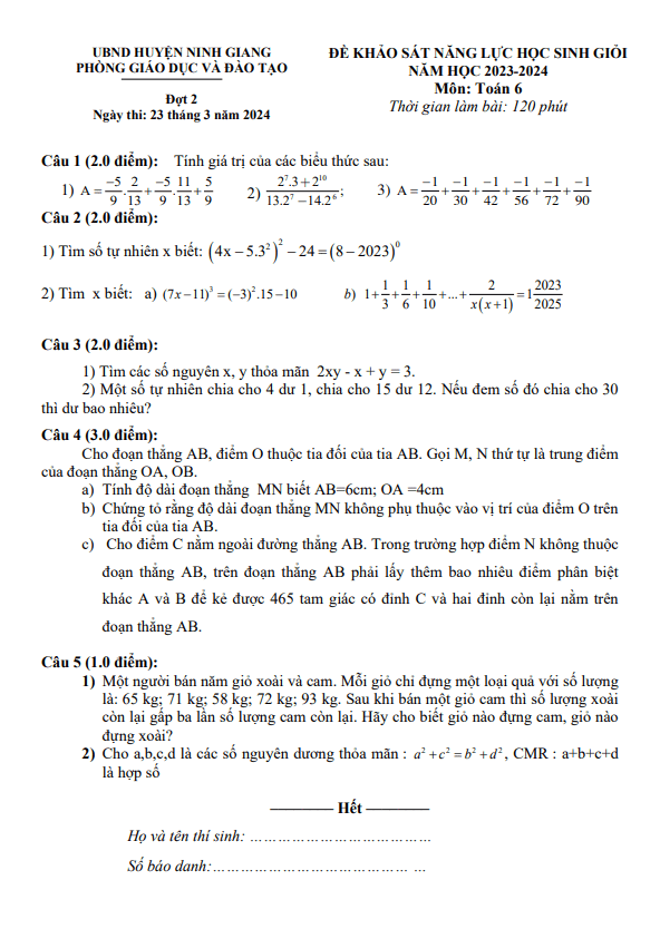đề khảo sát hsg toán 6 đợt 2 năm 2023 – 2024 phòng gd&đt ninh giang – hải dương