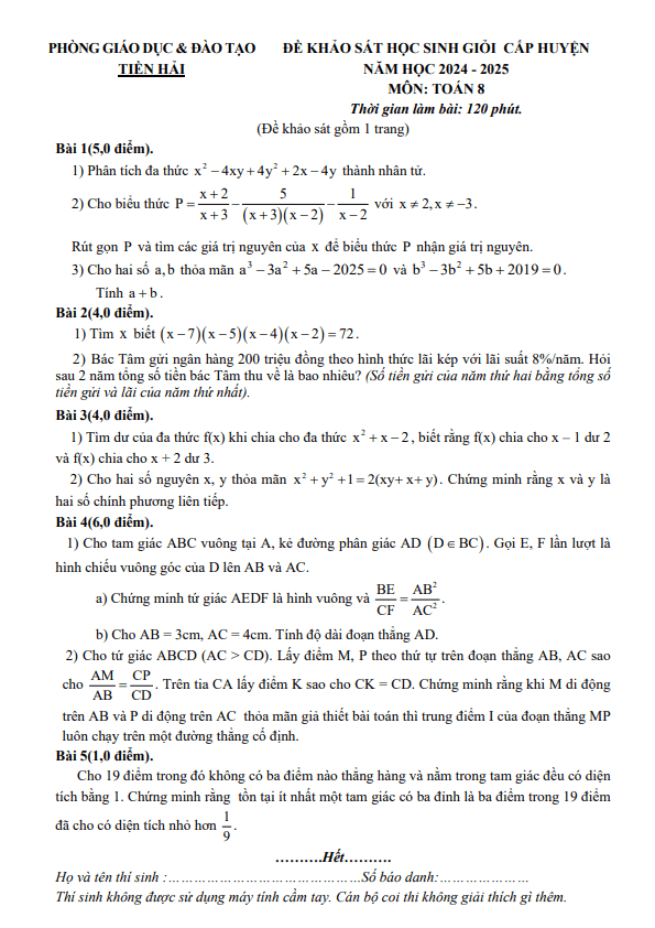 đề khảo sát hsg toán 8 năm 2024 – 2025 phòng gd&đt tiền hải – thái bình