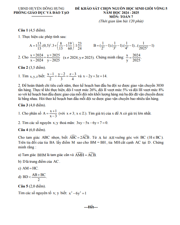 đề khảo sát hsg vòng 5 toán 7 năm 2024 – 2025 phòng gd&đt đông hưng – thái bình