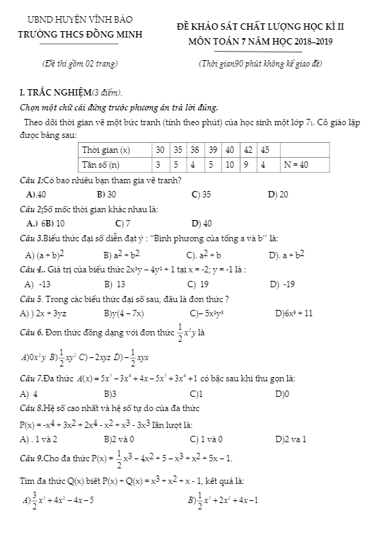 đề khảo sát kì 2 toán 7 năm 2018 – 2019 trường thcs đồng minh – hải phòng