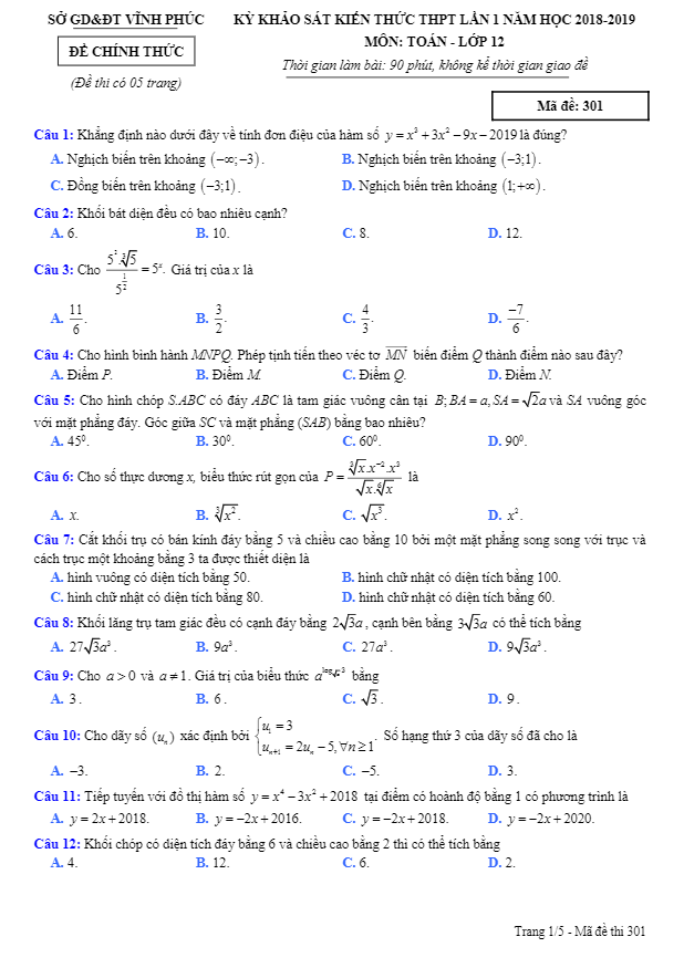 đề khảo sát kiến thức môn toán thpt lần 1 năm 2018 – 2019 sở gd và đt vĩnh phúc