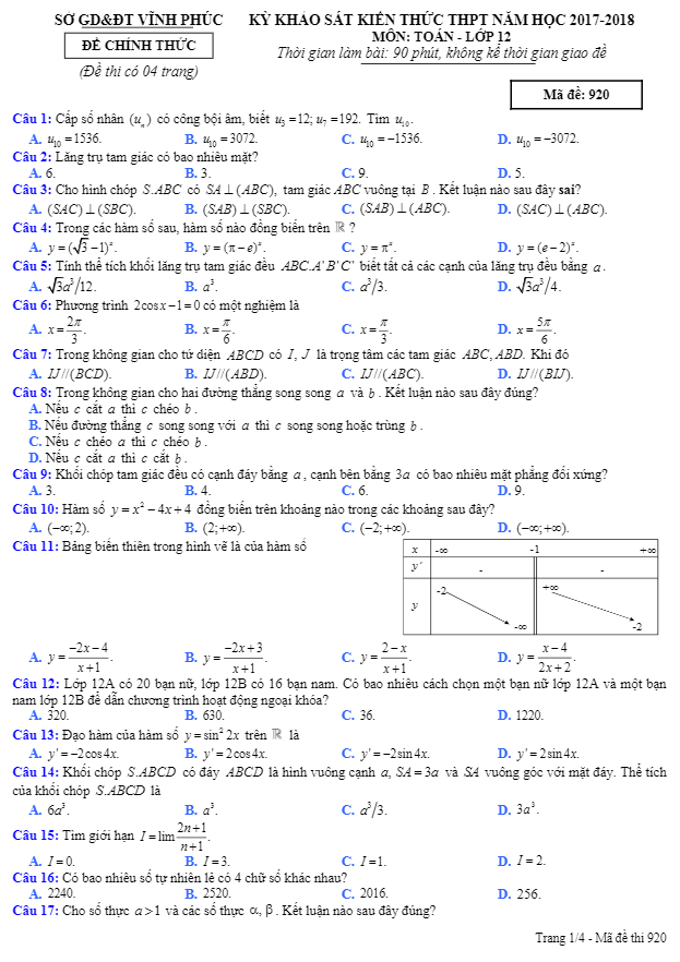 đề khảo sát kiến thức toán 12 thpt năm học 2017 – 2018 sở gd và đt vĩnh phúc
