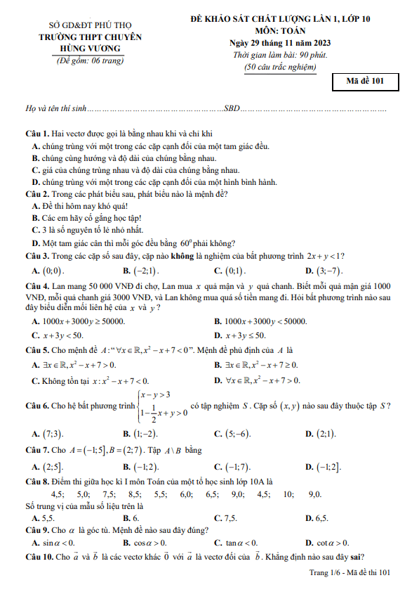 đề khảo sát lần 1 toán 10 năm 2023 – 2024 trường thpt chuyên hùng vương – phú thọ