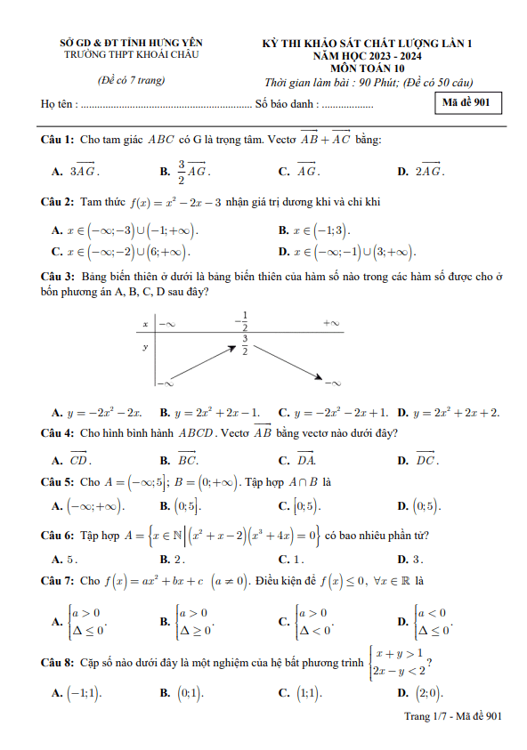 đề khảo sát lần 1 toán 10 năm 2023 – 2024 trường thpt khoái châu – hưng yên