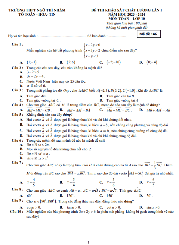 đề khảo sát lần 1 toán 10 năm 2023 – 2024 trường thpt ngô thì nhậm – ninh bình