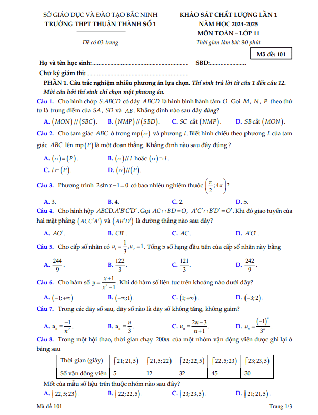 đề khảo sát lần 1 toán 11 năm 2024 – 2025 trường thpt thuận thành 1 – bắc ninh