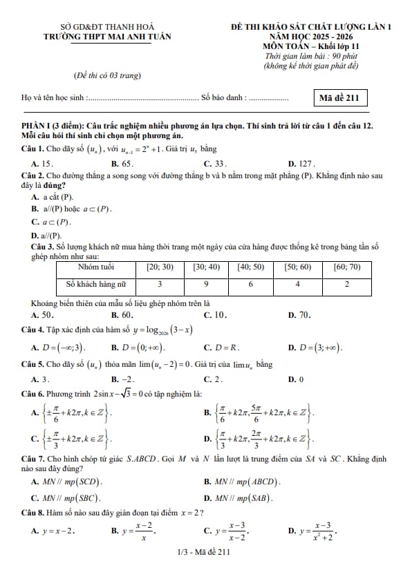 đề khảo sát lần 1 toán 11 năm 2025 – 2026 trường thpt mai anh tuấn – thanh hóa