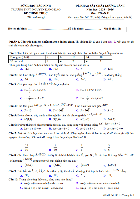 đề khảo sát lần 1 toán 11 năm 2025 – 2026 trường thpt nguyễn đăng đạo – bắc ninh