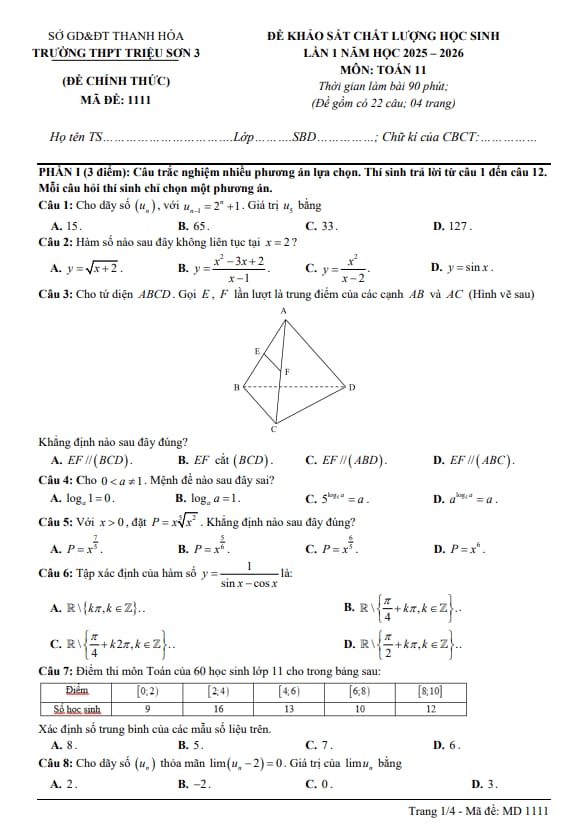 đề khảo sát lần 1 toán 11 năm 2025 – 2026 trường thpt triệu sơn 3 – thanh hóa