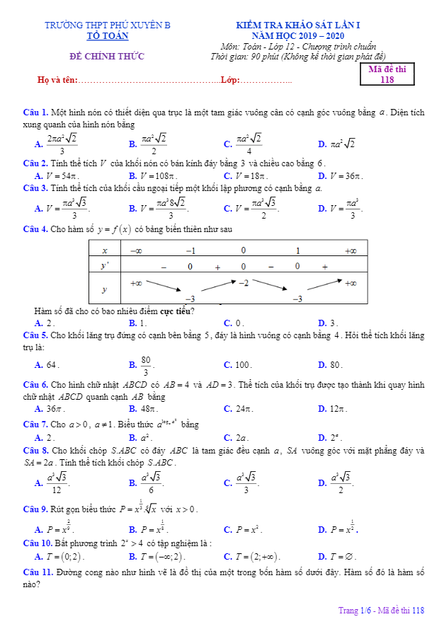 đề khảo sát lần 1 toán 12 năm 2019 – 2020 thpt phú xuyên b – hà nội