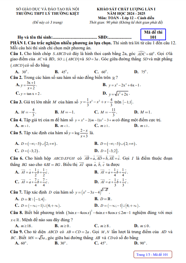 đề khảo sát lần 1 toán 12 năm 2024 – 2025 trường thpt lý thường kiệt – hà nội