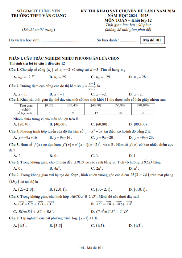đề khảo sát lần 1 toán 12 năm 2024 – 2025 trường thpt văn giang – hưng yên