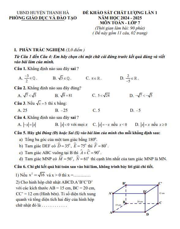 đề khảo sát lần 1 toán 7 năm 2024 – 2025 phòng gd&đt thanh hà – hải dương