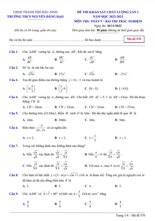 đề khảo sát lần 1 toán 9 năm 2022 – 2023 trường thcs nguyễn đăng đạo – bắc ninh