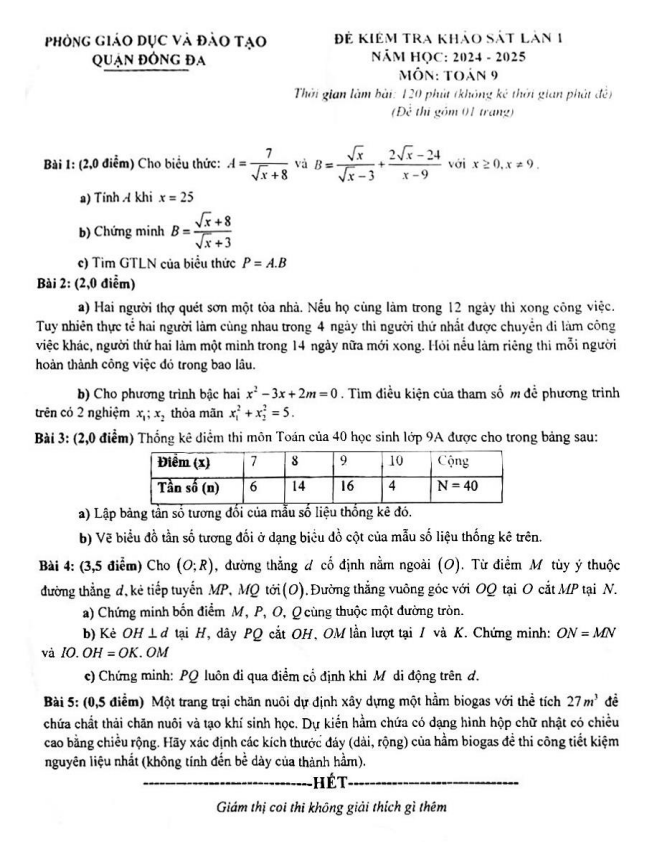 đề khảo sát lần 1 toán 9 năm 2024 – 2025 phòng gd&đt đống đa – hà nội