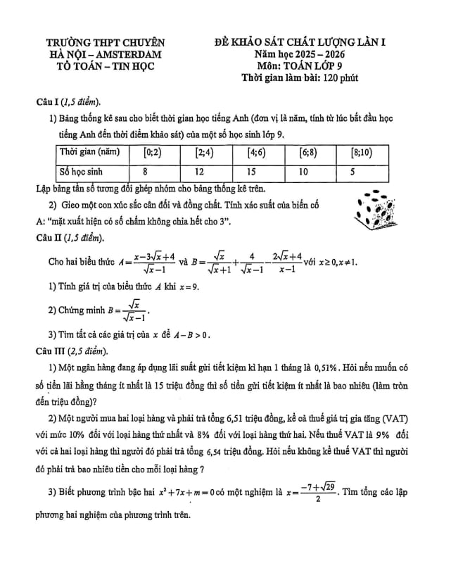 đề khảo sát lần 1 toán 9 năm 2025 – 2026 trường chuyên hà nội – amsterdam