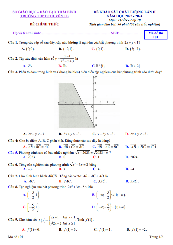 đề khảo sát lần 2 toán 10 năm 2023 – 2024 trường thpt chuyên thái bình