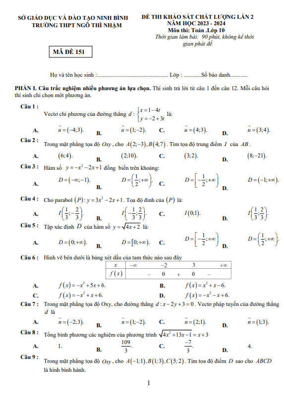đề khảo sát lần 2 toán 10 năm 2023 – 2024 trường thpt ngô thì nhậm – ninh bình