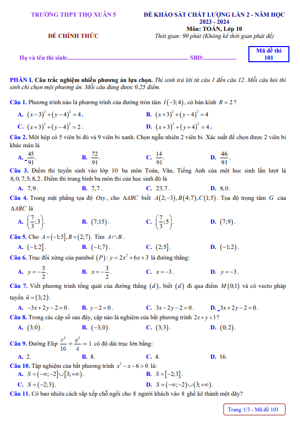 đề khảo sát lần 2 toán 10 năm 2023 – 2024 trường thpt thọ xuân 5 – thanh hóa