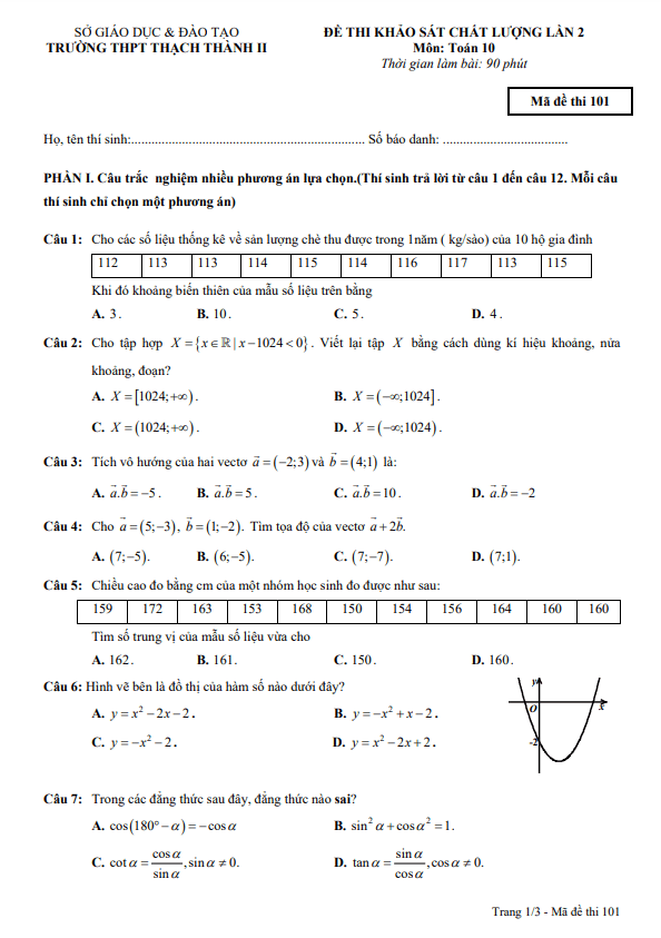 đề khảo sát lần 2 toán 10 năm 2024 – 2025 trường thpt thạch thành 2 – thanh hóa